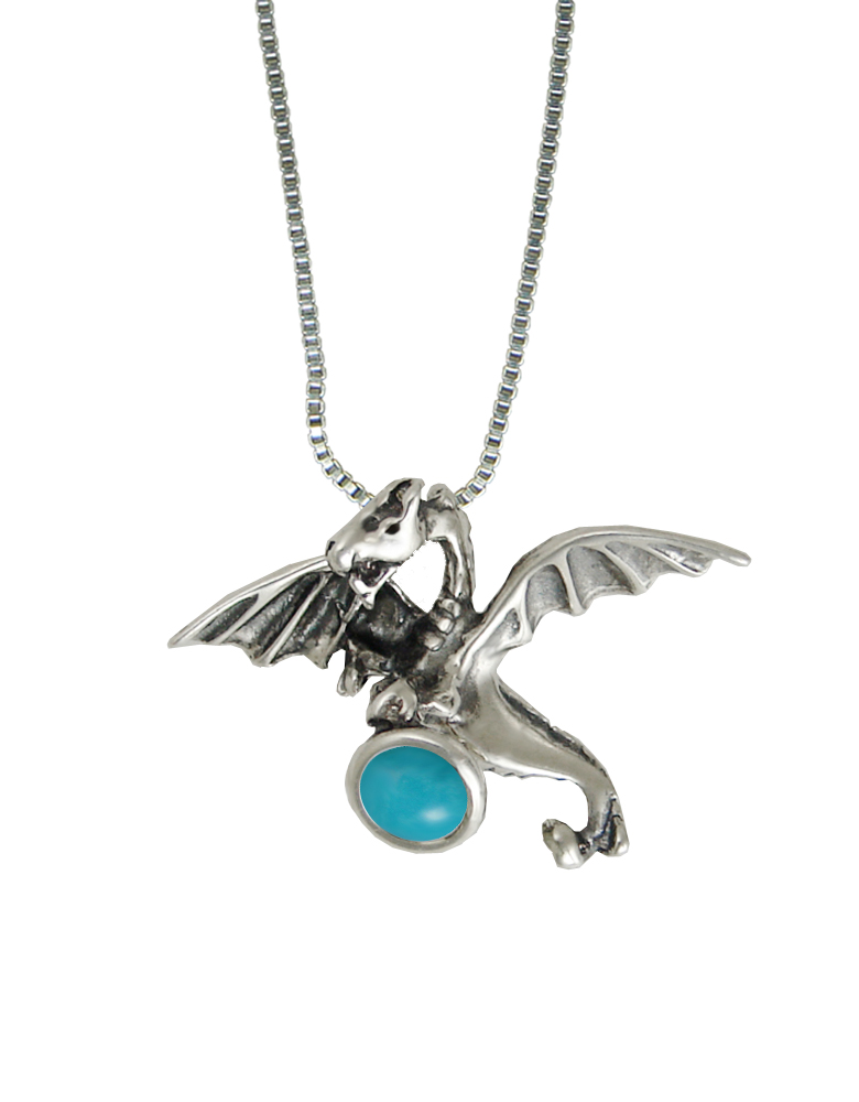 Sterling Silver Flying Dragon Pendant With Turquoise